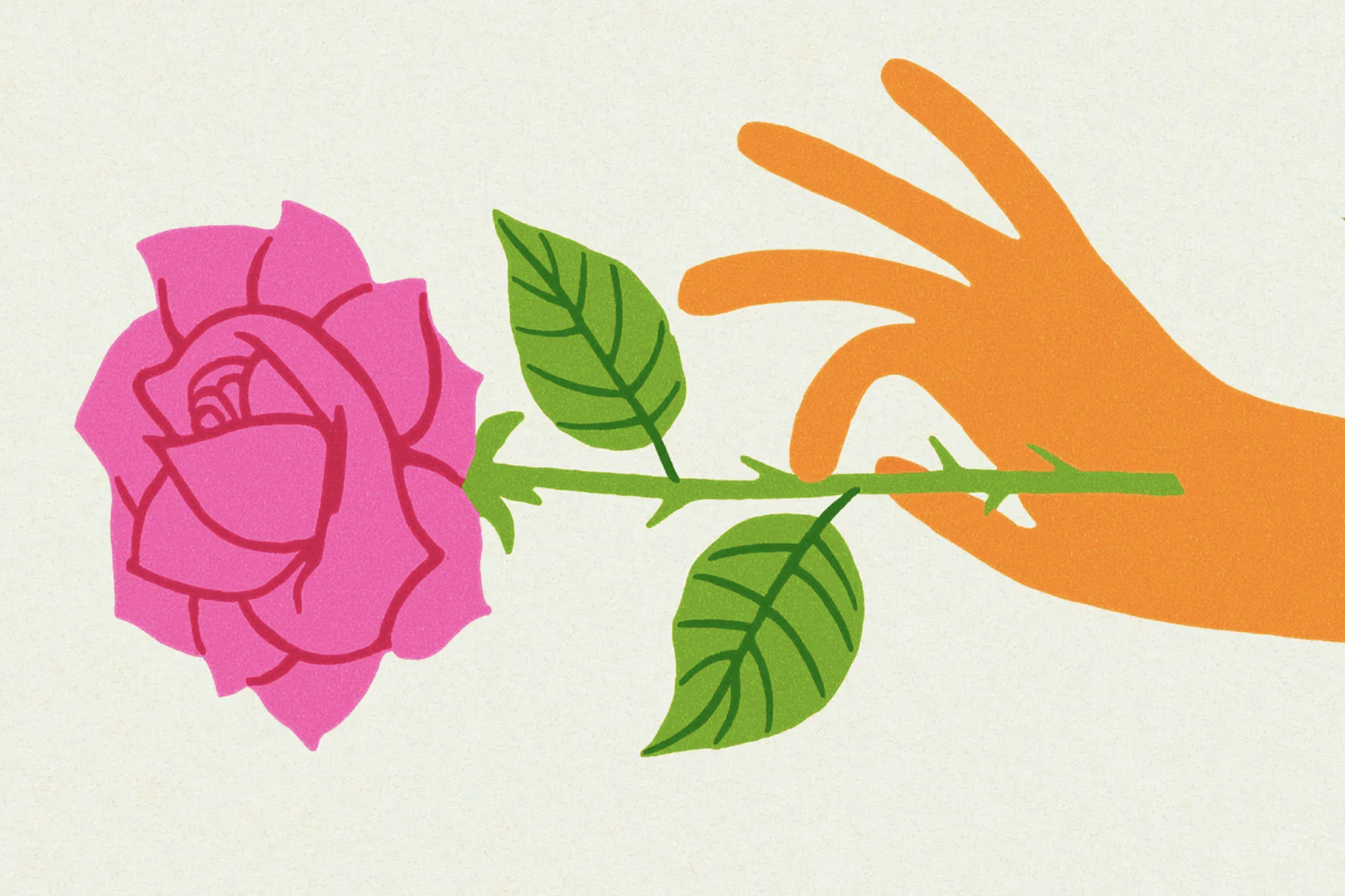 an illustrated hand tentatively holds a thorny rose